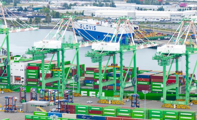 A drone shot of a busy port and harbor. 